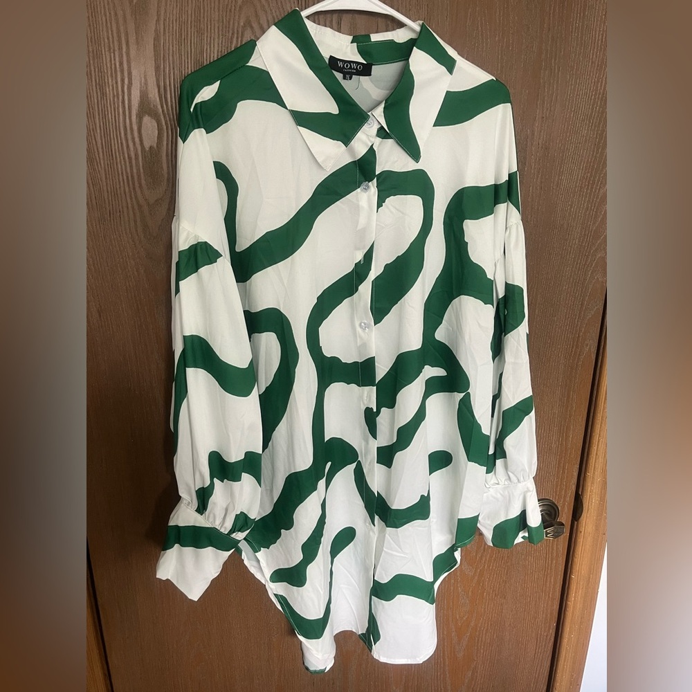 Green and White Oversized Long Sleeve Button Down Shirt